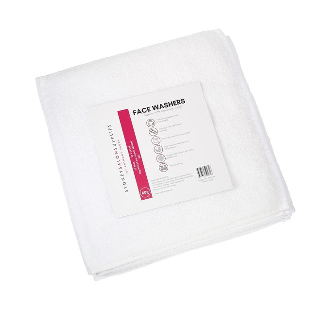 Single pack of SydneySalonSupplies 10 white cotton face washers, 33x33cm