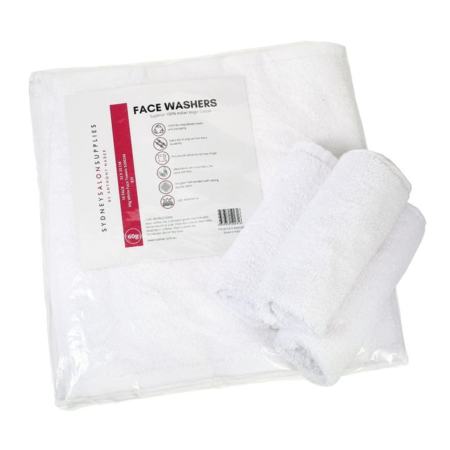 Pack of SydneySalonSupplies white face washers with three rolled washcloths