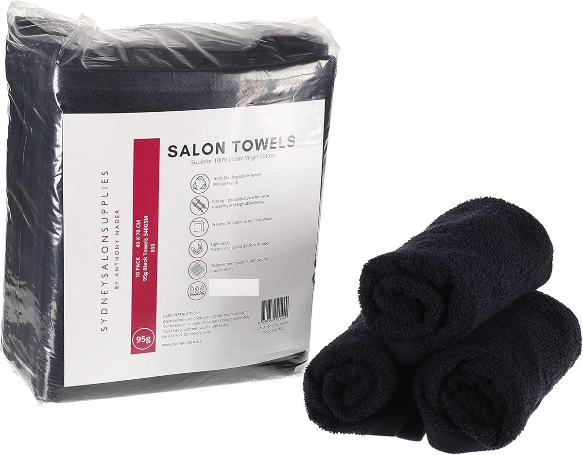 SSS Towel 95g Black 100% Cotton 40x70cm – Non-Bleach Proof, Ideal for Barbers, Gyms, Spas & Beauty Salons