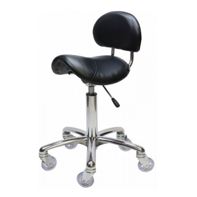 Saddle Black Salon Stool with Back - Chrome Base