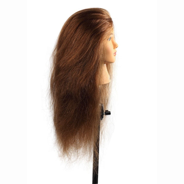 Sarah SSS human hair mannequin head on stand, side profile with thick brown hair