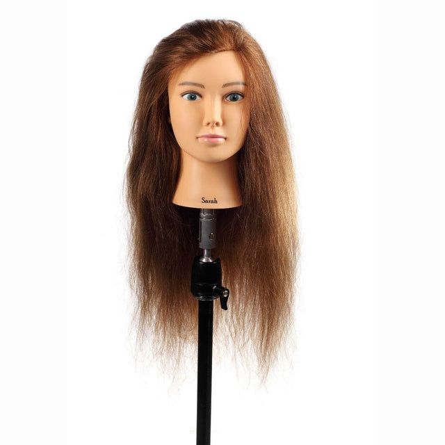 Sarah SSS 100% human hair mannequin head with long brown hair on stand, front view