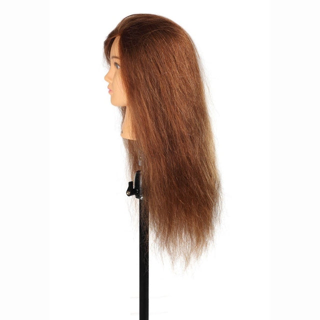 Side view of Sarah SSS mannequin head with long textured brown human hair