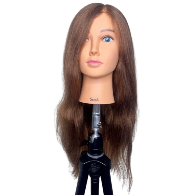 Sarah SSS human hair mannequin head, straight brown hair 22 inches, front view on tripod