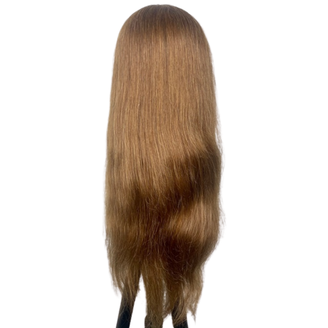 Back view of Sarah SSS mannequin showing long straight brown 100% human hair