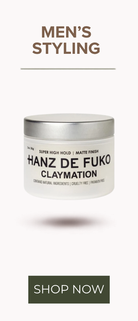 A jar of Hanz de Fuko Claymation men's styling clay, shown on a light gray background with 'MEN'S STYLING' text above and a 'SHOP NOW' button below.