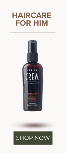 A bottle of American Crew Alternator Haircare spray for him, shown against a light beige background with 'HAIRCARE FOR HIM' text at the top and a 'SHOP NOW' button at the bottom.