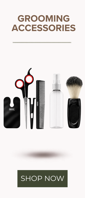 A grooming accessories set displayed on a light background, including black-handled shears with red accents, a black comb, a clear spray bottle, and a black brush with a beige bristle top. The text 'GROOMING ACCESSORIES' appears at the top, and a 'SHOP NOW' button is at the bottom.