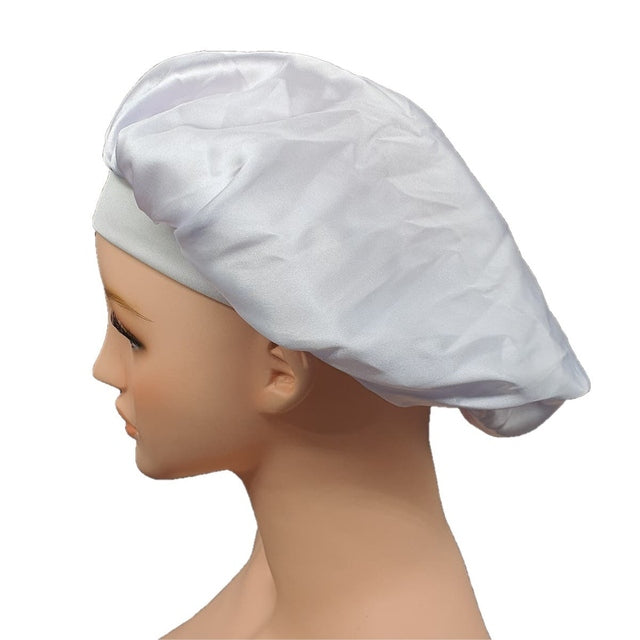 Silky Satin Night Sleep Cap Hair Bonnet WIDE Band-White