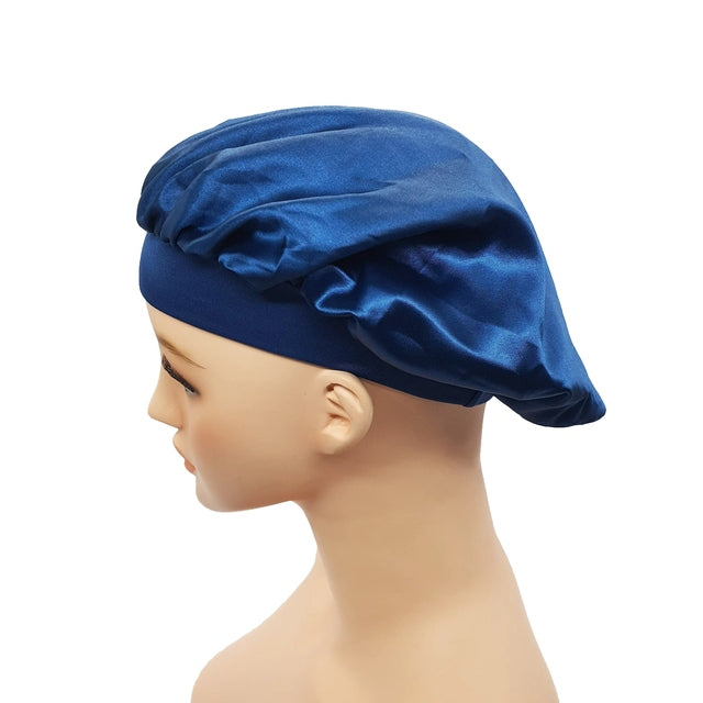 Silky Satin Night Sleep Cap Hair Bonnet WIDE Band - Blue