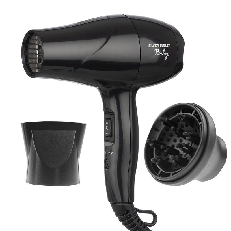 Silver Bullet Black Baby Travel Mini Hair Dryer & Diffuser - 1200W Dual Voltage