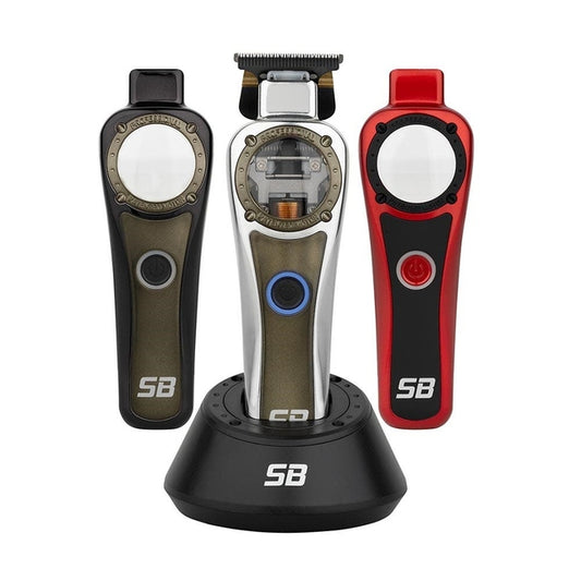 Silver Bullet HeadLiner hair trimmer with three coloured bodies on charging stand
