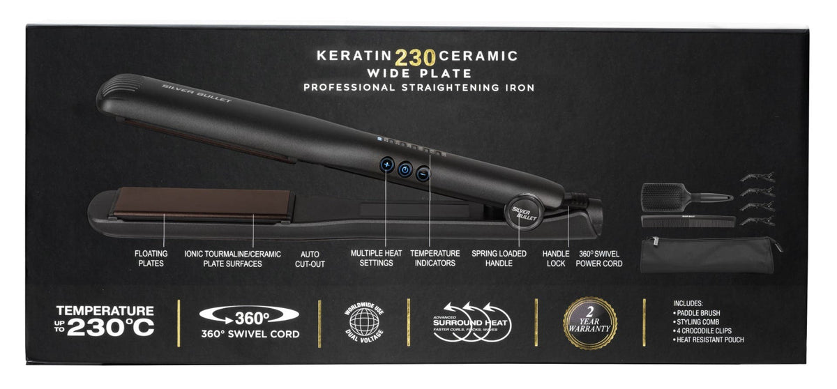 Box of Silver Bullet Keratin 230 ceramic wide plate straightener with brush, comb, clips and pouch