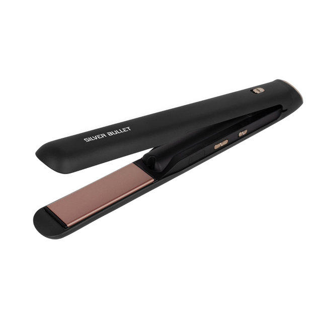 Silver Bullet cordless hair straightener showing slim black body and rose-toned plates
