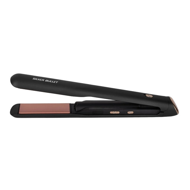 Side view of Silver Bullet cordless hair straightener with control buttons on handle