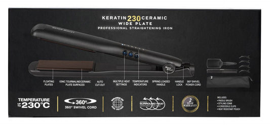 Box of Silver Bullet Keratin 230 ceramic wide plate straightener with brush, comb, clips and pouch