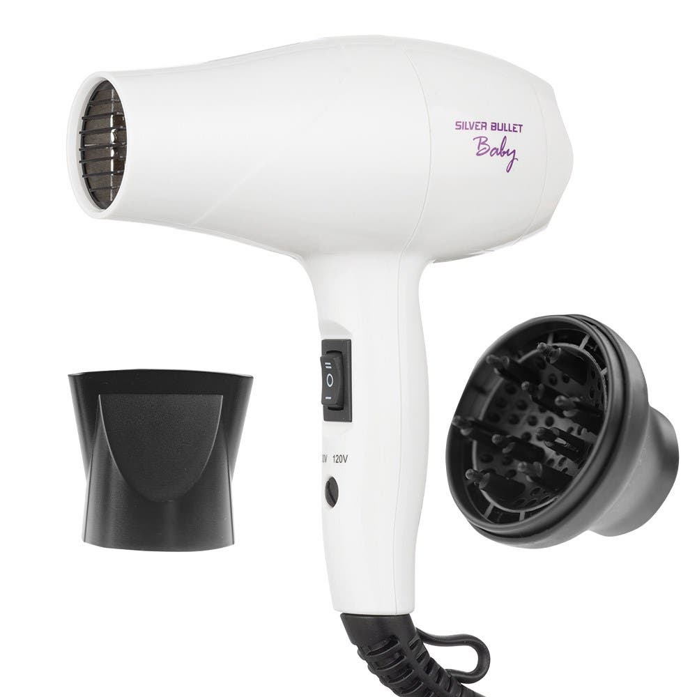 Silver Bullet White Baby Travel Mini Hair Dryer & Diffuser – 1200W Dual Voltage