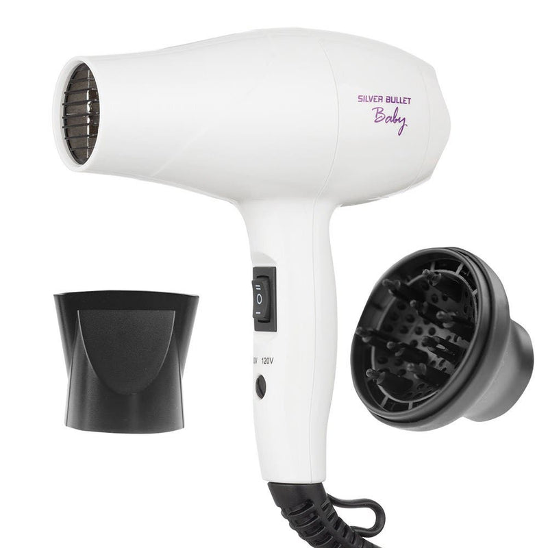 Silver Bullet White Baby Travel Mini Hair Dryer & Diffuser – 1200W Dual Voltage