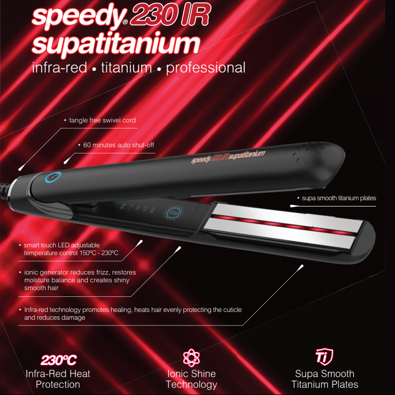 Speedy 230 IR Supatitanium promo graphic highlighting infra-red, ionic shine and titanium plates