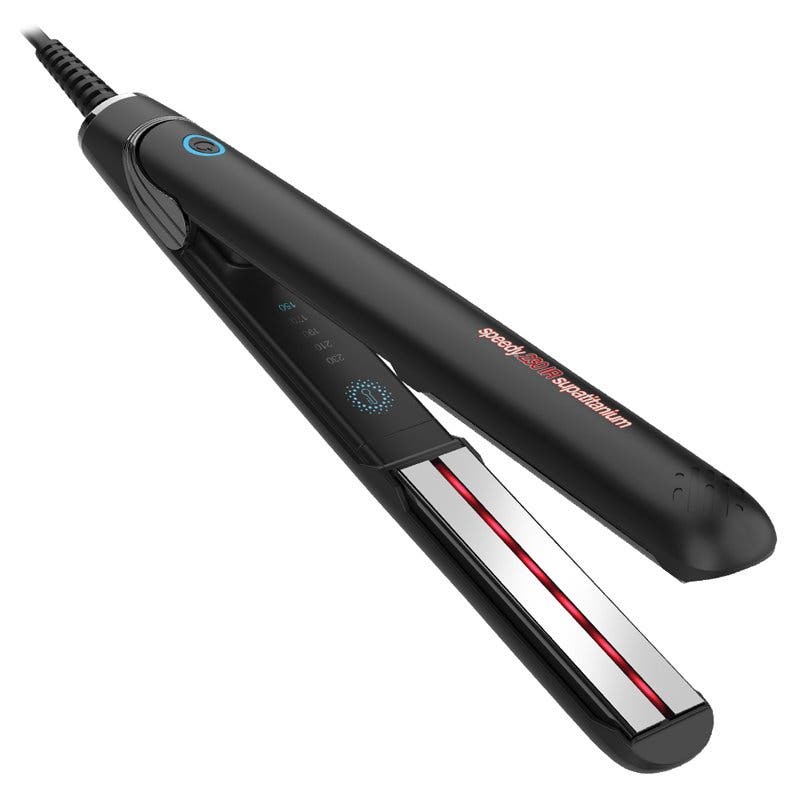 Angled view of Speedy 230 IR Supatitanium infra-red hair straightener showing control panel
