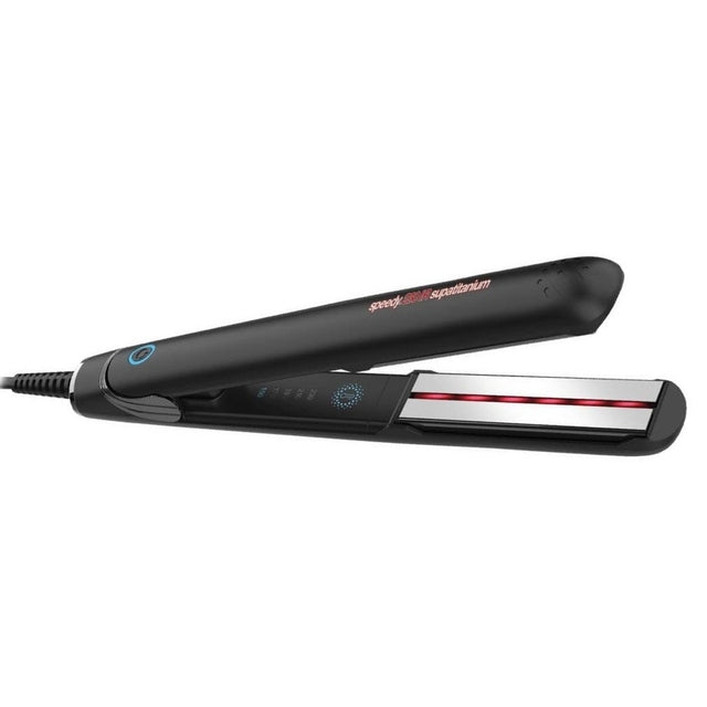 Side profile of Speedy 230 IR Supatitanium hair straightener with glowing red infra-red strip