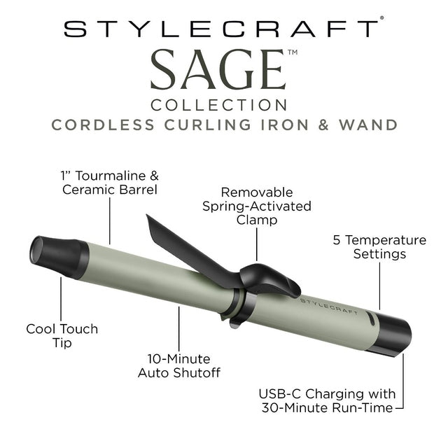StyleCraft by Silver Bullet Sage Collection - Cordless Curling Iron & Wand with Detachable Clamp