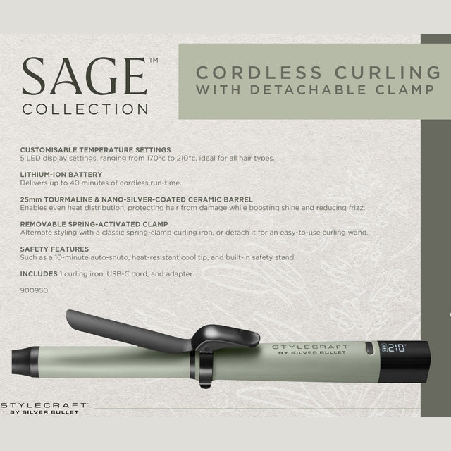 StyleCraft by Silver Bullet Sage Collection - Cordless Curling Iron & Wand with Detachable Clamp