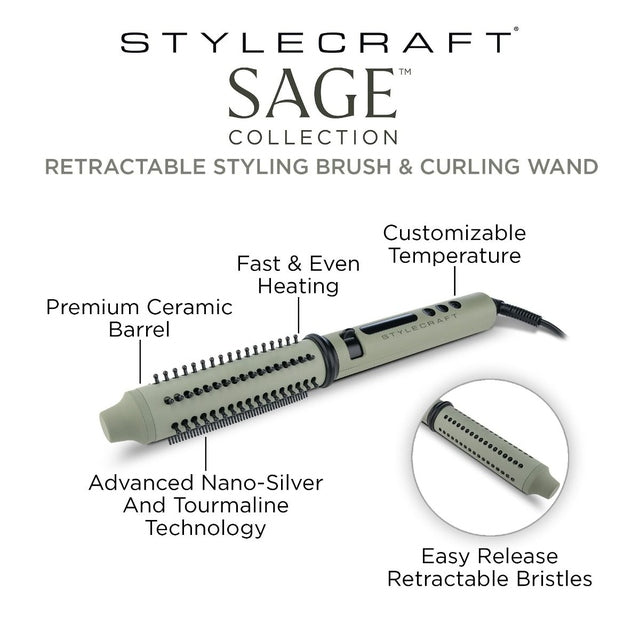 StyleCraft by Silver Bullet Sage Collection - Retractable Styling Brush & Curling Iron