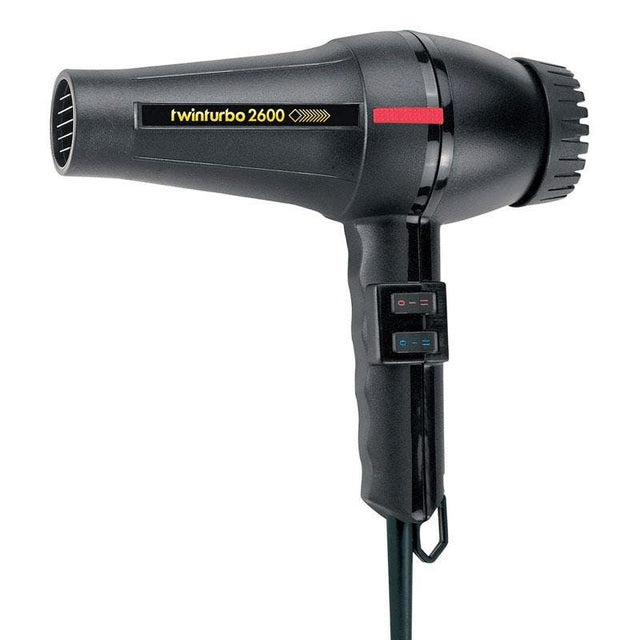 Black Twin Turbo 2600 professional hair dryer with ergonomic handle and control switches