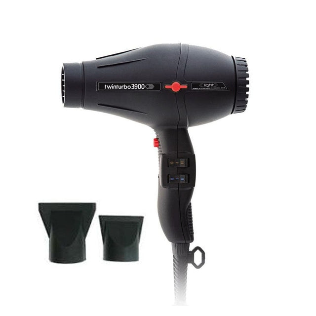 TwinTurbo Black 3900 compact ionic ceramic hair dryer with two nozzle attachments