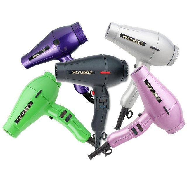 TwinTurbo 3800 professional hair dryers in multiple colors arranged in a fan layout