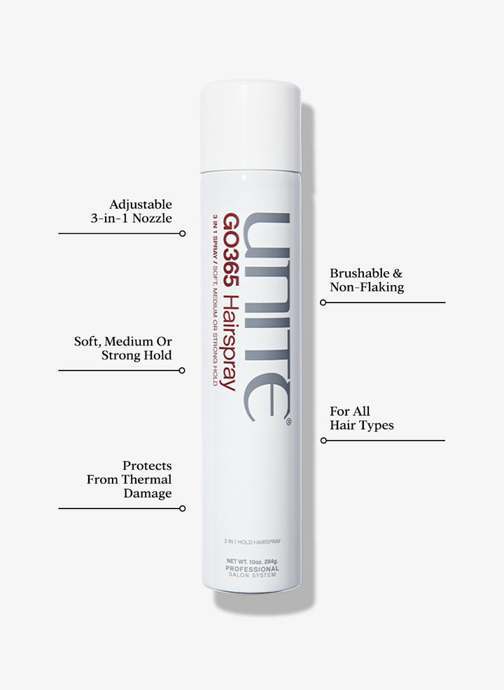 UNITE GO365 HairSpray, 3-in-1 Soft/Medium/Strong Hold Spray 300ml
