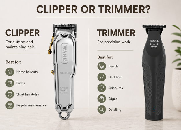 A comparison graphic for Wahl hair clippers versus trimmers, showing a silver clipper labeled for home haircuts and a black trimmer labeled for precision work, with text describing use cases on a light background.
