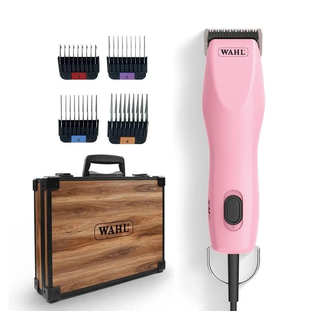 WAHL KM2+ Clipper Upgraded Motor Two-Speed Professional Corded Pet – Pink + 1-4 Stainless Steel Combs and Wooden Brief Case