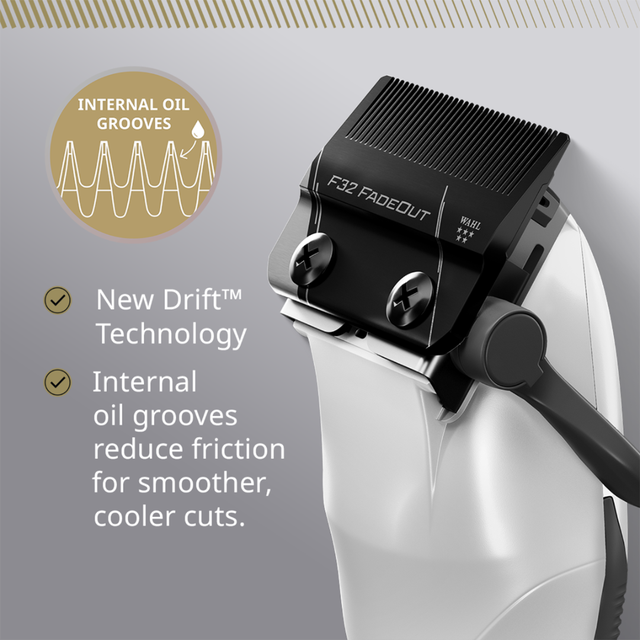 Close-up of Wahl 5-Star Vapor CE F32 Fadeout blade highlighting Drift technology text