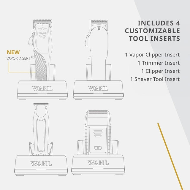 Diagram of Wahl Single Power Station showing four interchangeable inserts for clipper, trimmer and shaver tools
