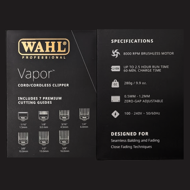 Wahl Vapor clipper box listing 7 cutting guides, 8000 RPM brushless motor and zero gap adjustable blade specs