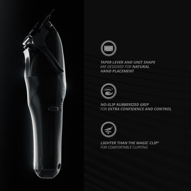 Side view of Wahl Vapor clipper highlighting taper lever, no slip rubber grip and lightweight ergonomic design