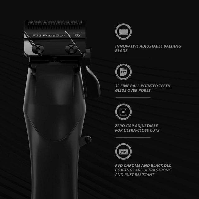 Close up of Wahl Vapor clipper blade showing adjustable balding blade with 32 fine teeth and zero gap design