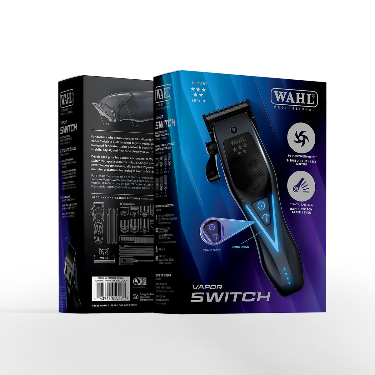Retail packaging for Wahl 5 Star Vapor Switch cordless clipper with feature icons