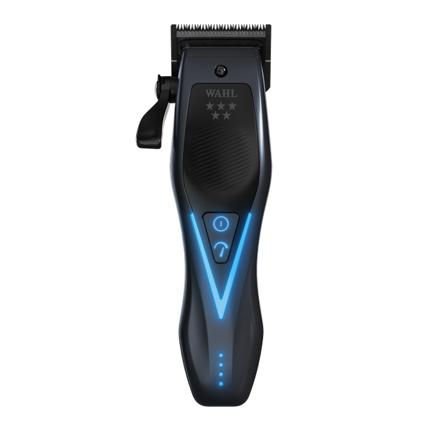 Wahl 5 Star Vapor Switch premium professional cord/cordless clipper Front view of Wahl 5 Star Vapor Switch cordless clipper with blue LED accents
