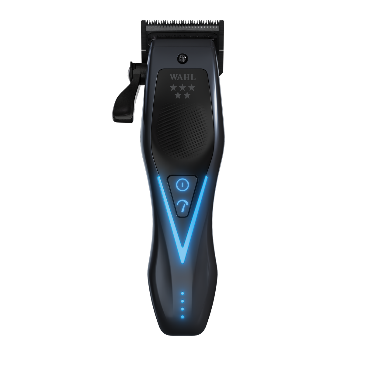 Wahl 5 Star Vapor Switch premium professional cord/cordless clipper Front view of Wahl 5 Star Vapor Switch cordless clipper with blue LED accents