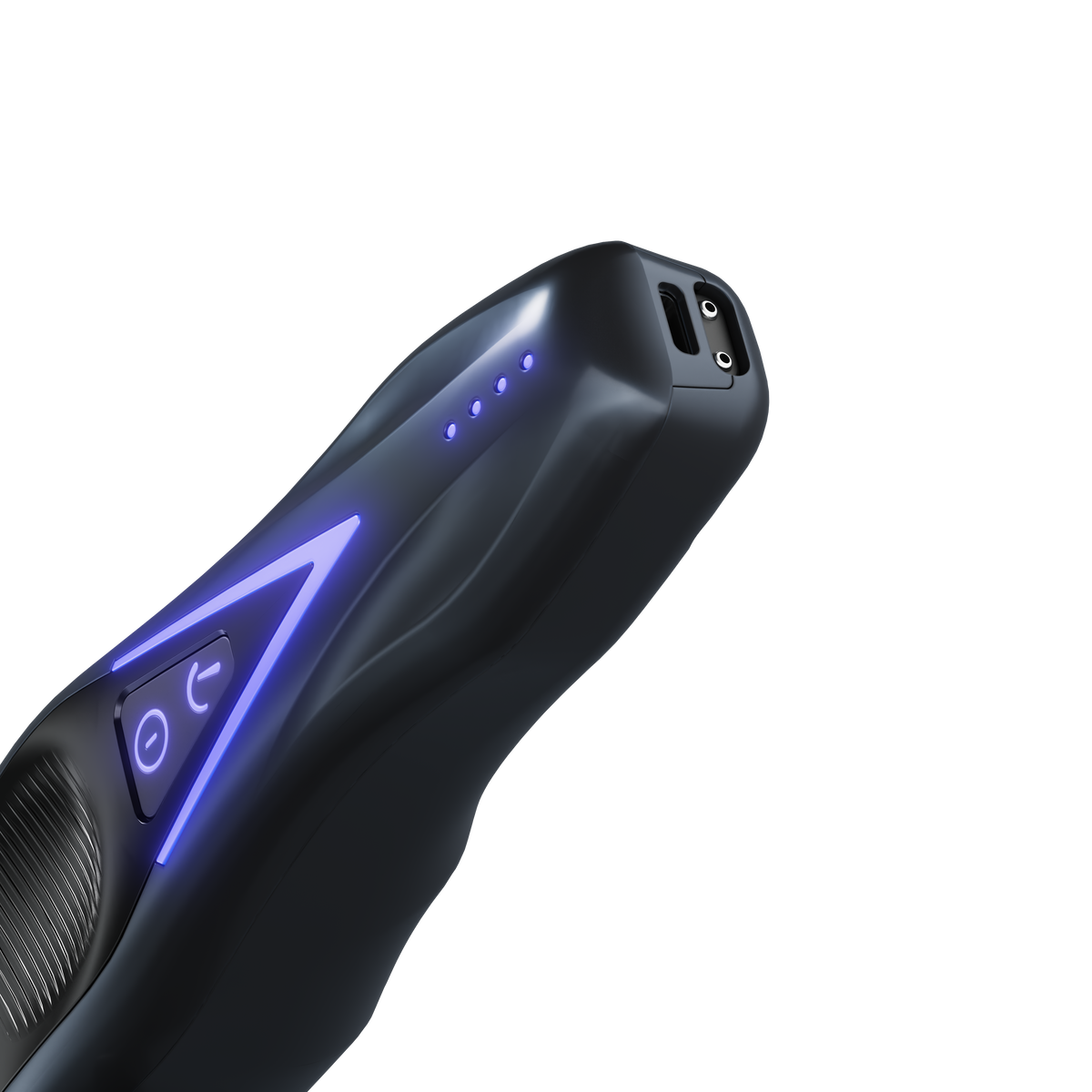Bottom of Wahl Vapor Switch clipper showing blue LED battery indicators and charging port