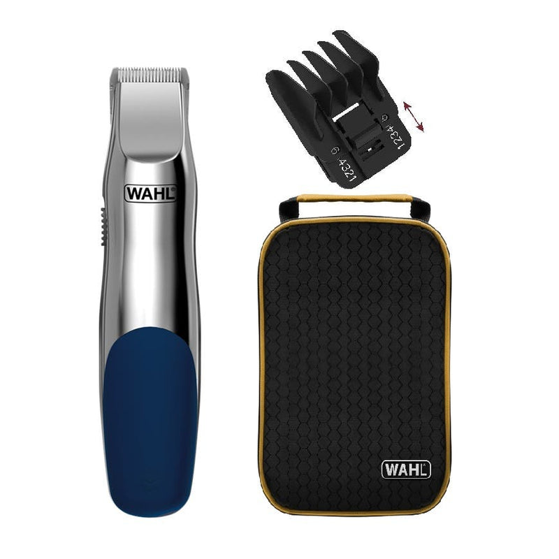 Wahl Beard & Mustache Battery Travel Trimmer Chrome/Blue in Soft Yellow Trim Bag