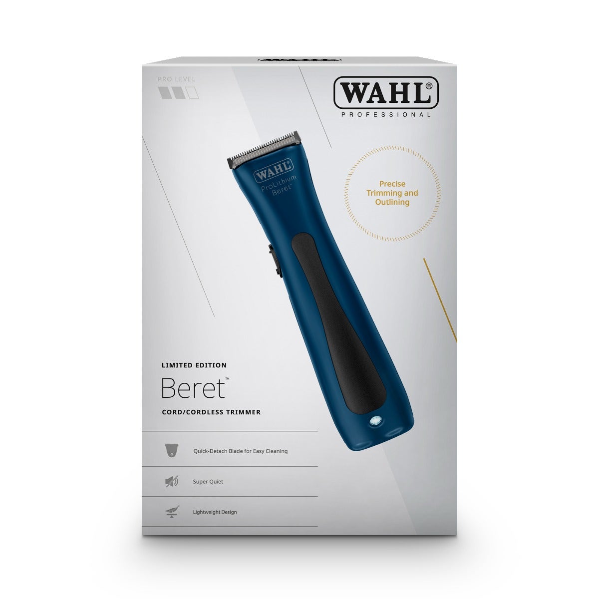 Box of Wahl Beret Cordless Trimmer Limited Edition Blue with product image on front