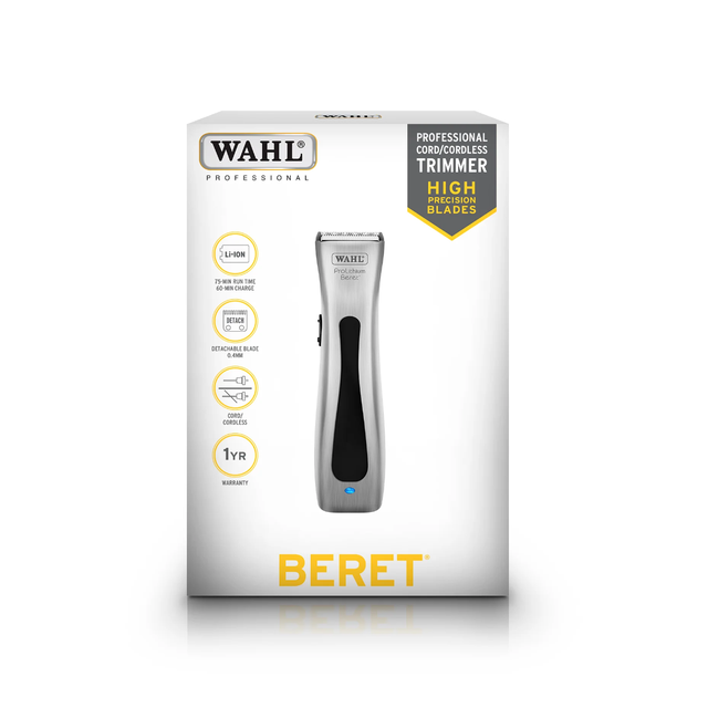 Retail box of Wahl Beret Cordless Trimmer in silver showing features and 1 year warranty