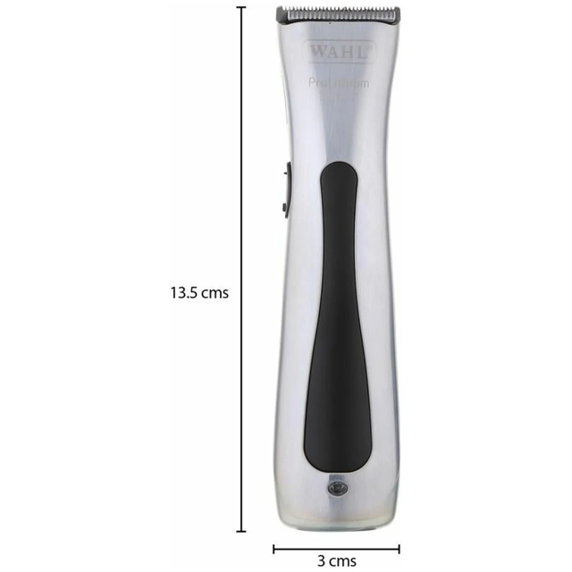 Front view of Wahl Beret silver trimmer with 13.5 cm height and 3 cm width measurements