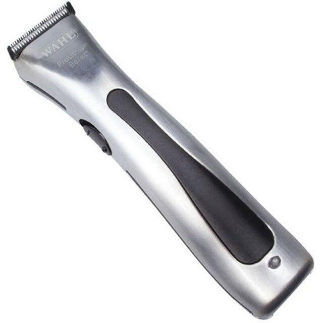 Angled close-up of Wahl Beret ProLithium silver cordless trimmer with black grip