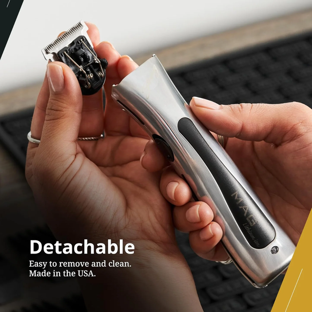 Hands removing detachable blade from Wahl Beret silver cordless trimmer for easy cleaning