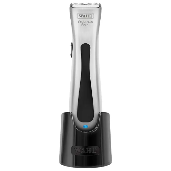Wahl Beret cordless silver trimmer standing upright in black charging stand